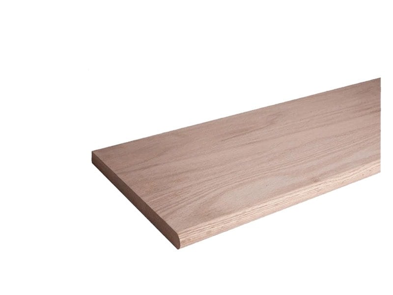 Unfinished red oak stair tread, 13 inches deep, with a bullnose front edge