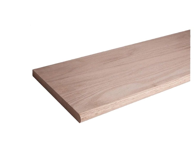 Unfinished red oak stair tread, 18 inches deep, with a bullnose front edge
