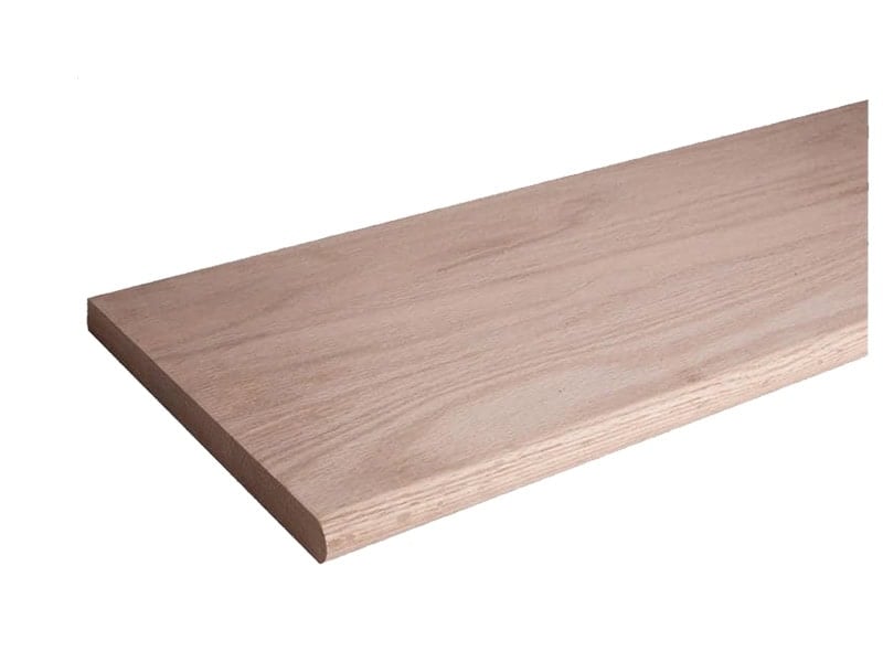 Unfinished red oak stair tread, 20 inches deep, with a bullnose front edge