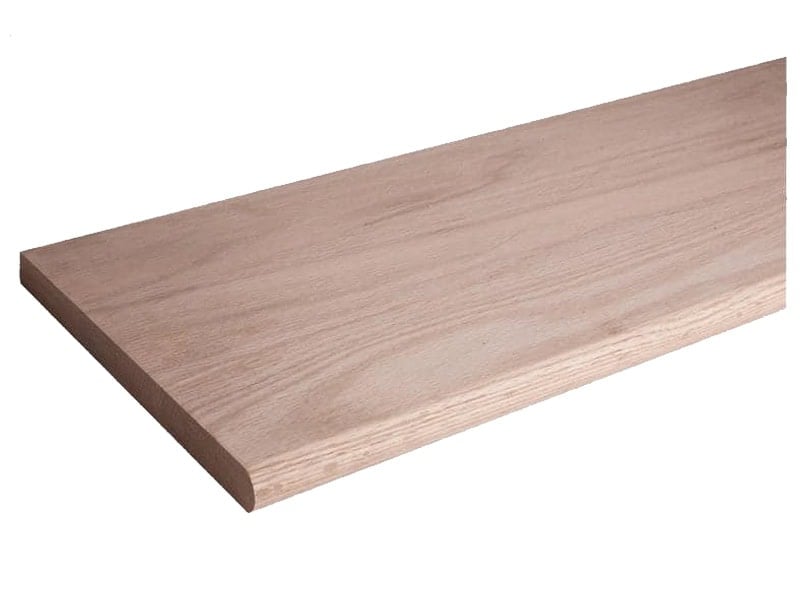 Unfinished red oak stair tread, 24 inches deep, with a bullnose front edge
