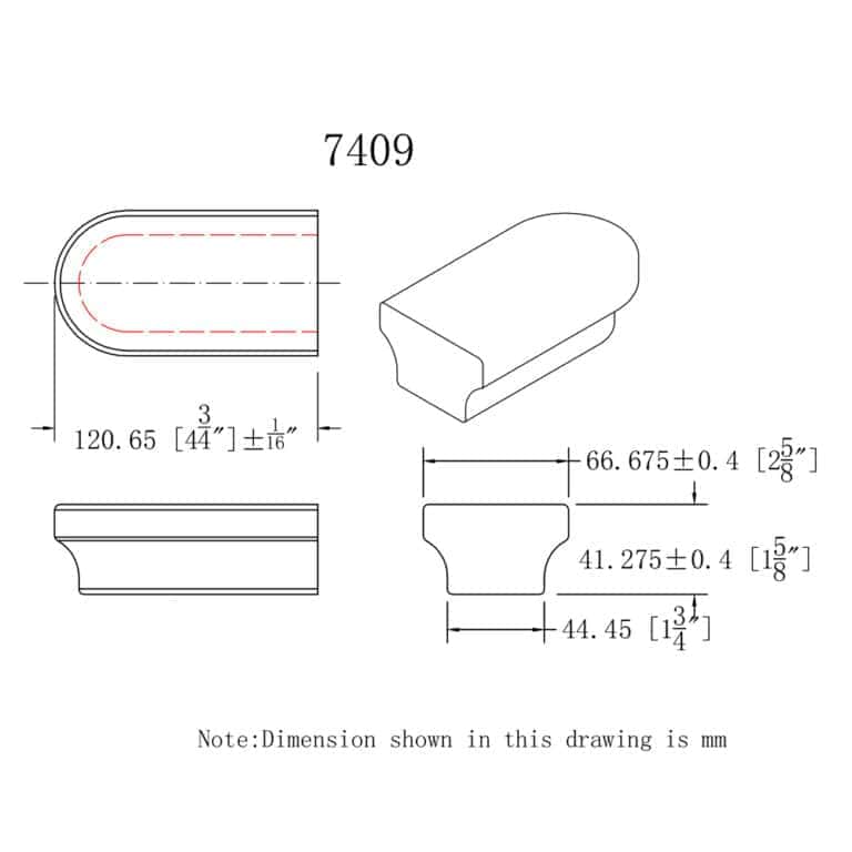 7409 returned end wooden handrail fitting dimension drawing, 6084 series