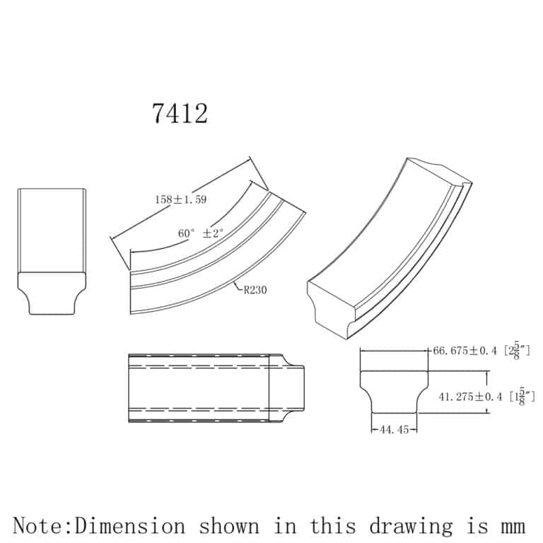 7412 up easing wooden handrail fitting dimension drawing, 6084 series