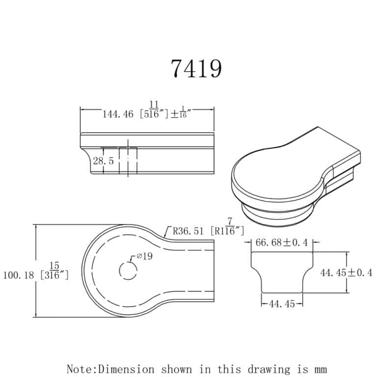 7419 opening cap wooden handrail fitting dimension drawing, 6084 series