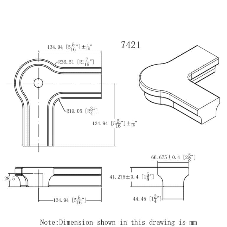 7421 level quarter turn with cap handrail fitting dimension drawing, 6084 series