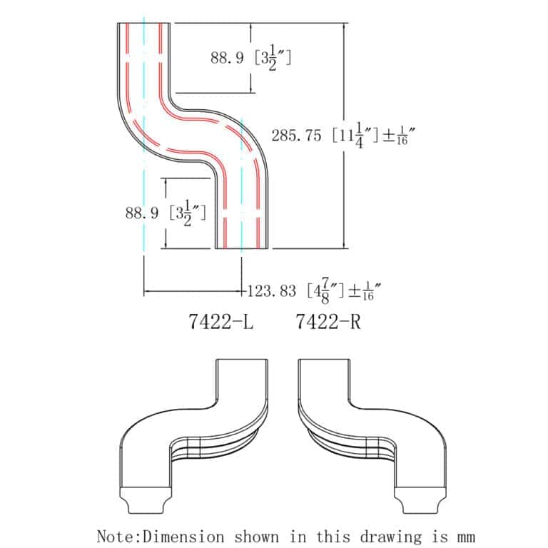7422 S-turn handrail fitting dimension drawing, 6084 series