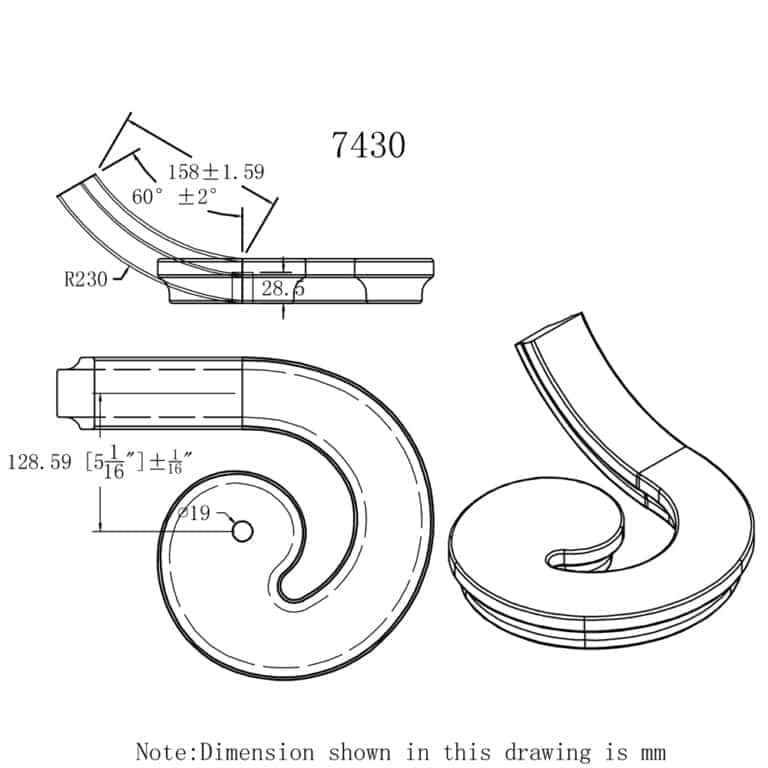 7430.jpg 7430 left hand volute handrail fitting dimension drawing, 6084 series