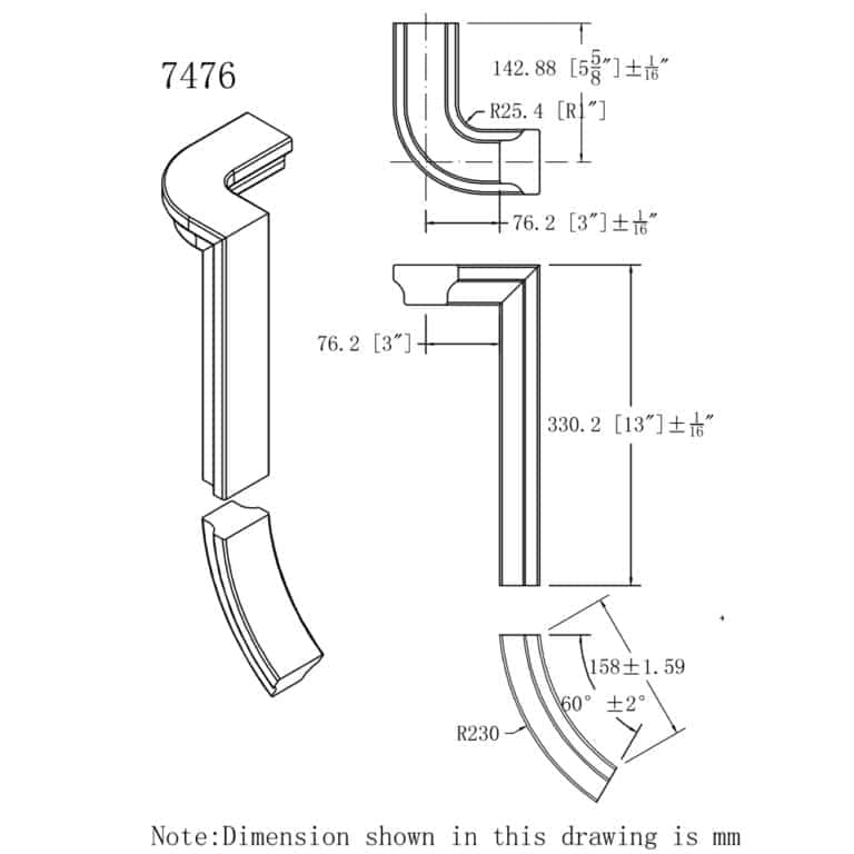 7476 2-rise right gooseneck handrail fitting dimension drawing, 6084 series