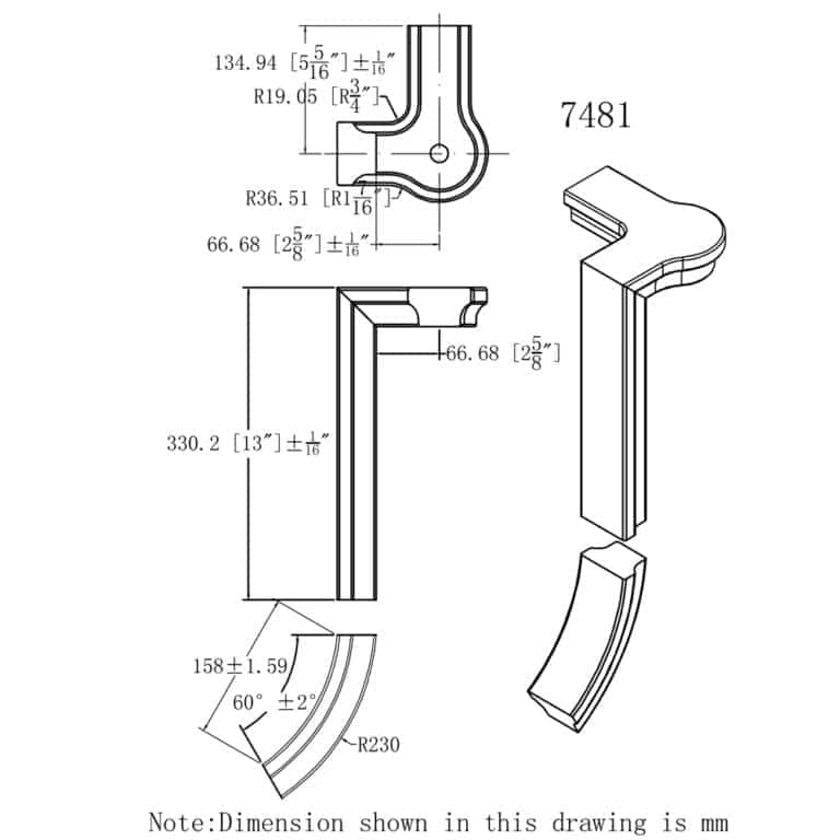 7481.jpg 7481 2-rise left gooseneck with cap handrail fitting dimension drawing, 6084 series