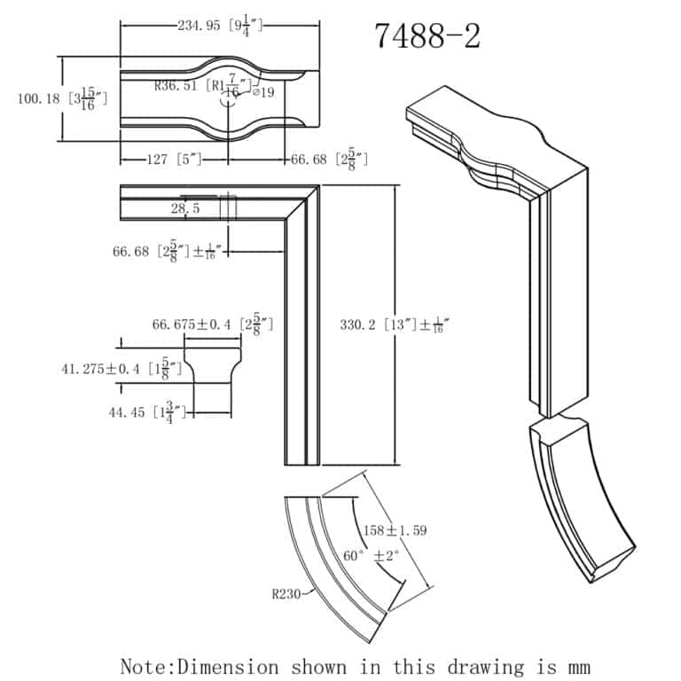 7488-2 2-rise straight gooseneck with cap handrail fitting dimension drawing, 6084 series