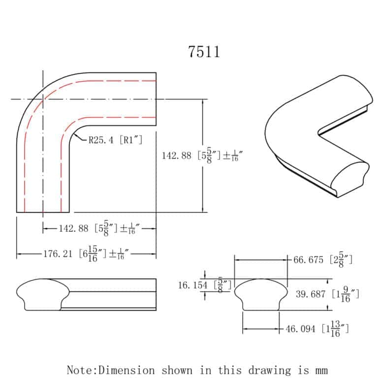 7511 level quarter turn wood handrail fitting dimension drawing
