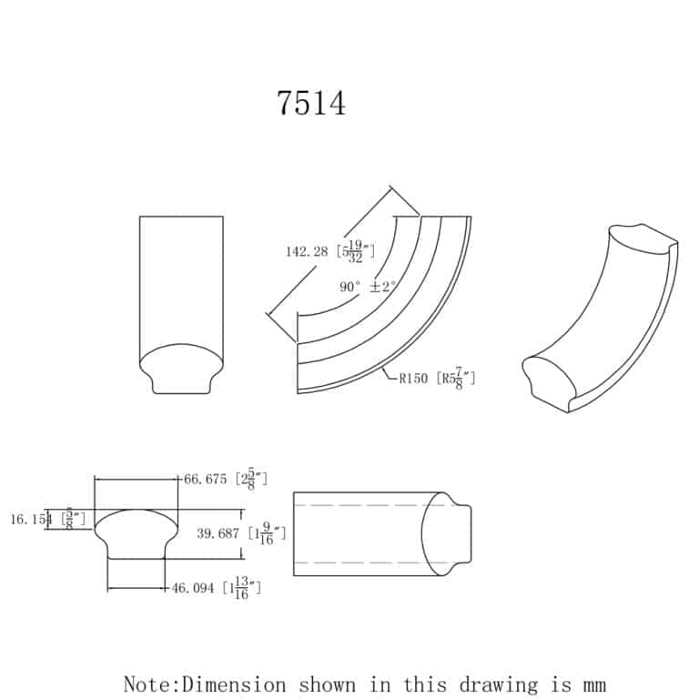 7514 90 degree up easing handrail fitting dimension drawing, 6500 series