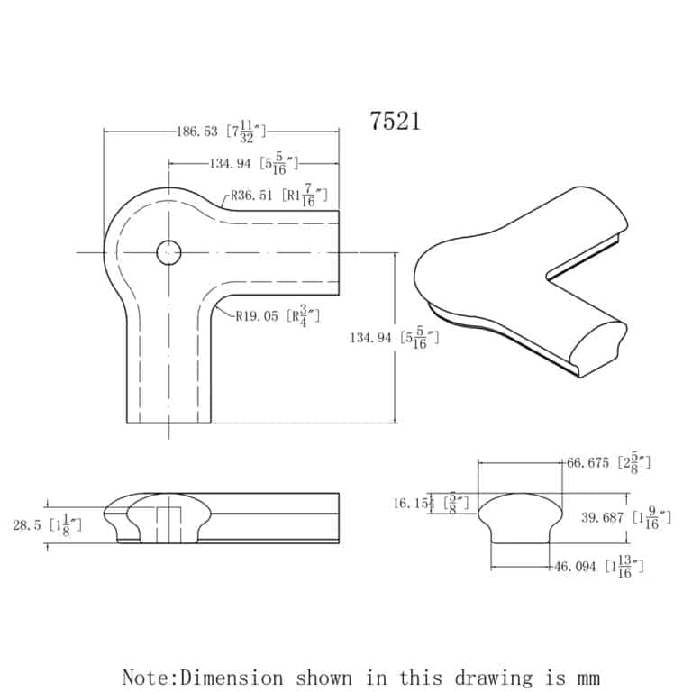 7521 level quarter turn with cap handrail fitting dimension drawing, 6500 series