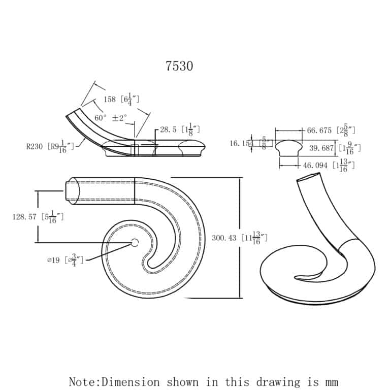 7530.jpg 7530 left hand volute handrail fitting dimension drawing, 6500 series