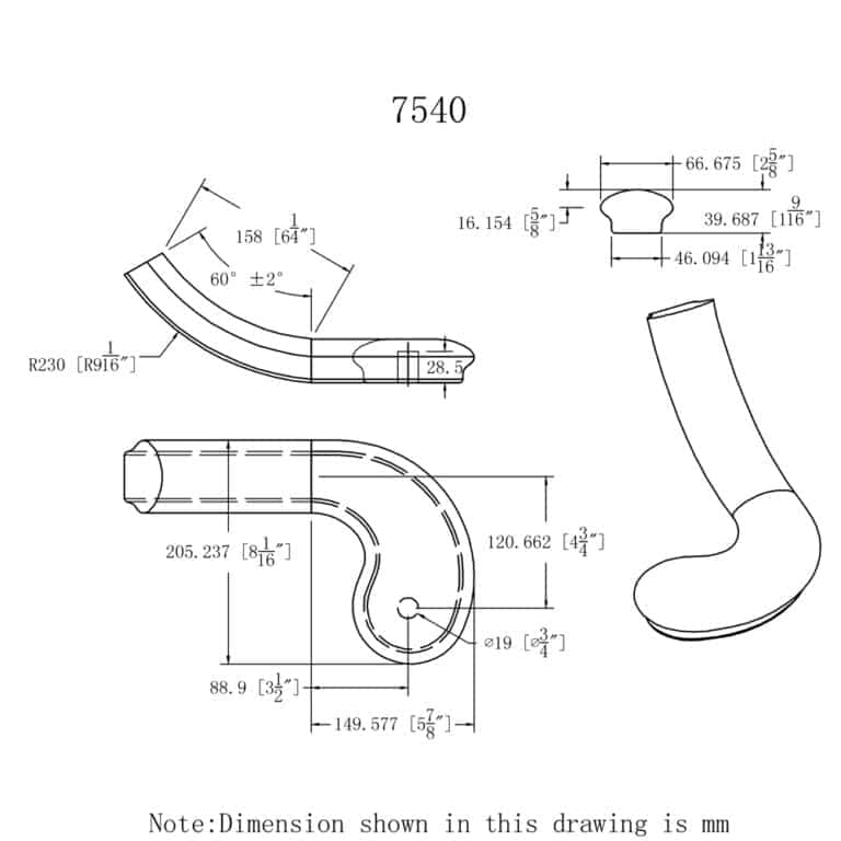 7540 left hand turnout handrail fitting dimension drawing, 6500 series