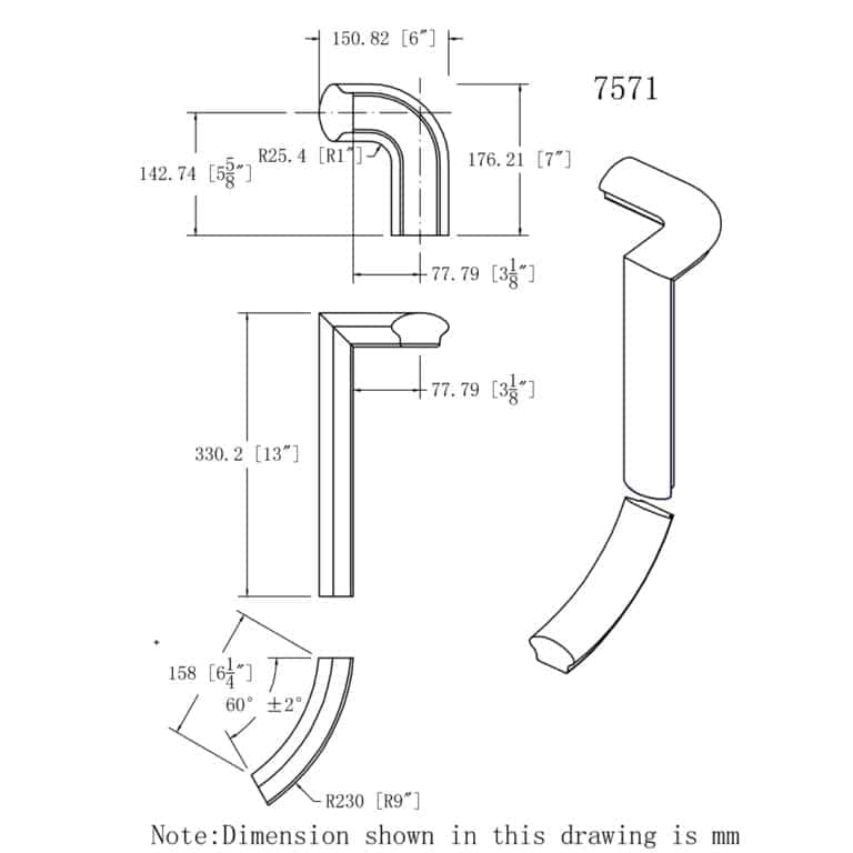 7571 2-rise left gooseneck handrail fitting drawing, 6500 series