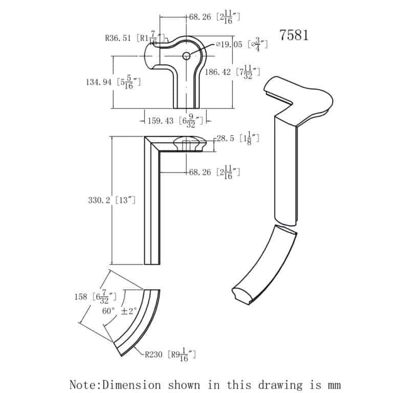 7581 2-rise left gooseneck with cap handrail fitting drawing, 6500 series