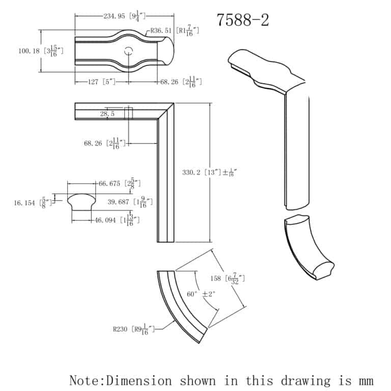 7588-2 2-rise straight gooseneck with cap handrail fitting drawing, 6500 series