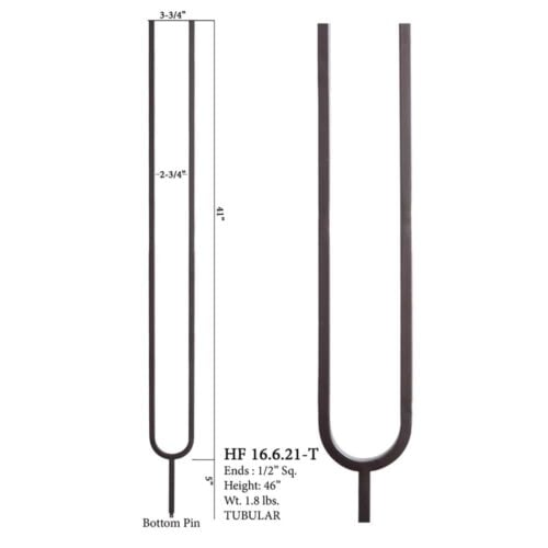 16.6.21-T U-shaped arch iron baluster, front and side view with dimensions