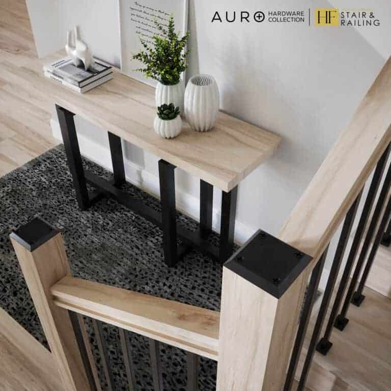 Modern staircase with 4000-CAP-C satin black newel caps