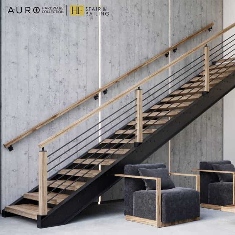 Modern staircase with 4000-CAP-S satin black newel caps