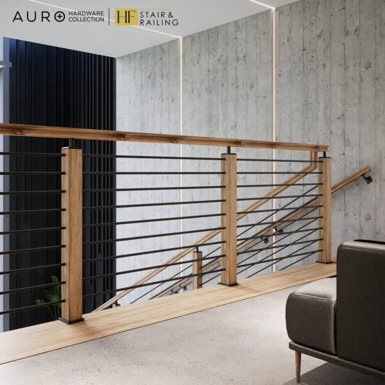 Wood newel posts with 4000-CAP-S satin black chamfered caps on a modern staircase