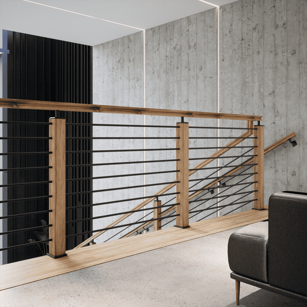 Horizontal Bar Balusters with blank newel posts and modern stair hardware