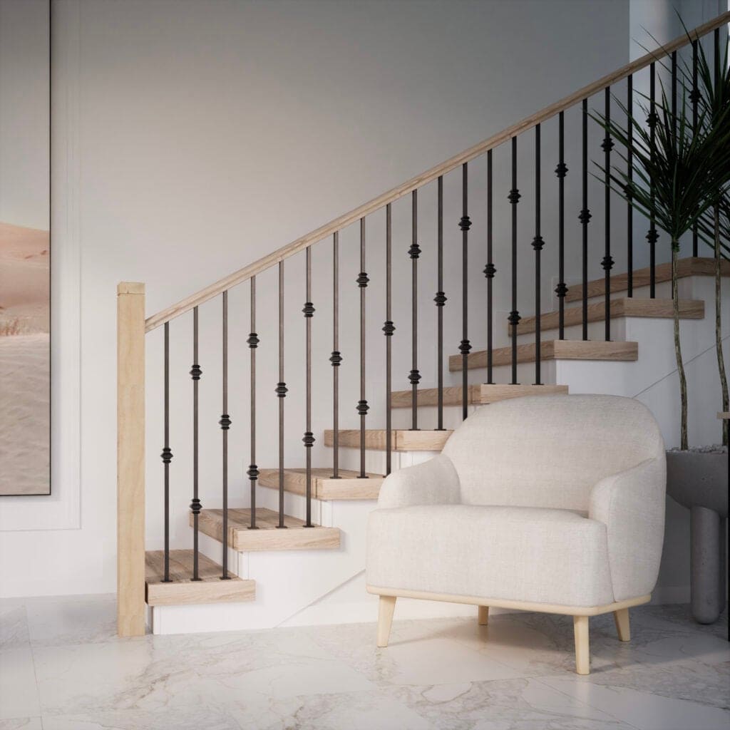 Versatile Knuckle Balusters with modern handrail and wood newel post stairs