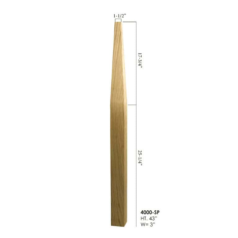 WO-4000-SP white oak blank stabilizer newel post, 3 inches square x 43 inches