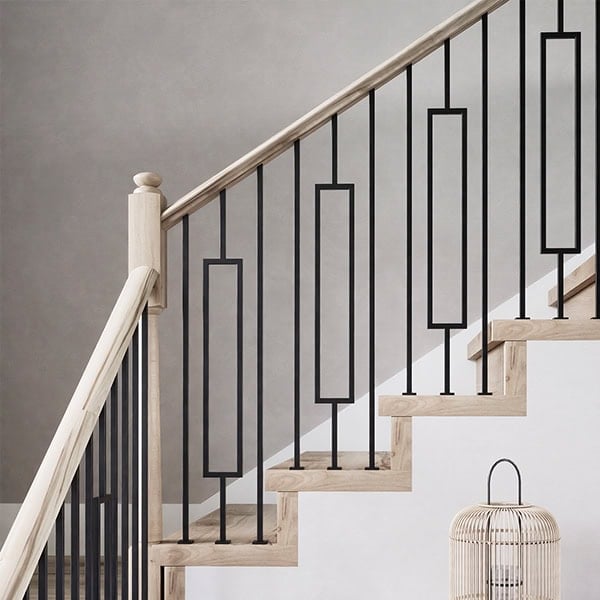 Aalto modern iron balusters with rectangular panels on light oak stairs