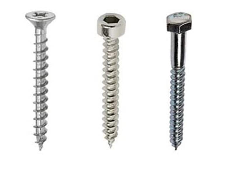 Three stainless steel wood screws for mounting railing posts to wood floors and walls