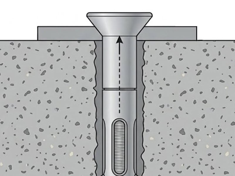 Cutaway diagram of a stainless steel sleeve anchor expanding inside concrete to secure a railing base plate