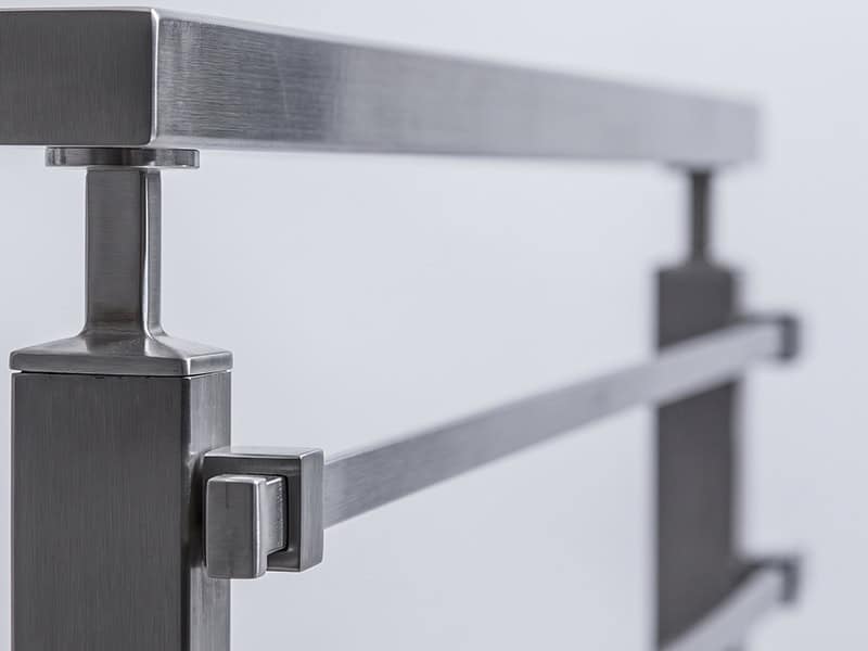 AXIA square stainless steel post, handrail and bracket with a square bar infill, close-up