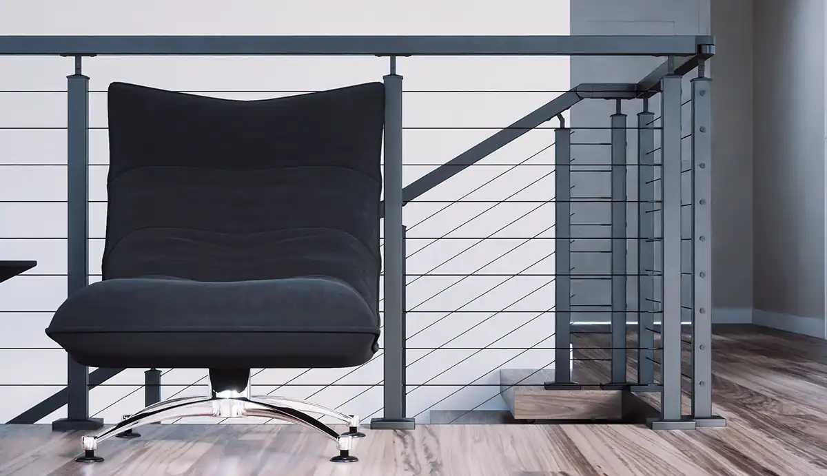 AXIA black stainless steel cable railing on a modern loft balcony and staircase