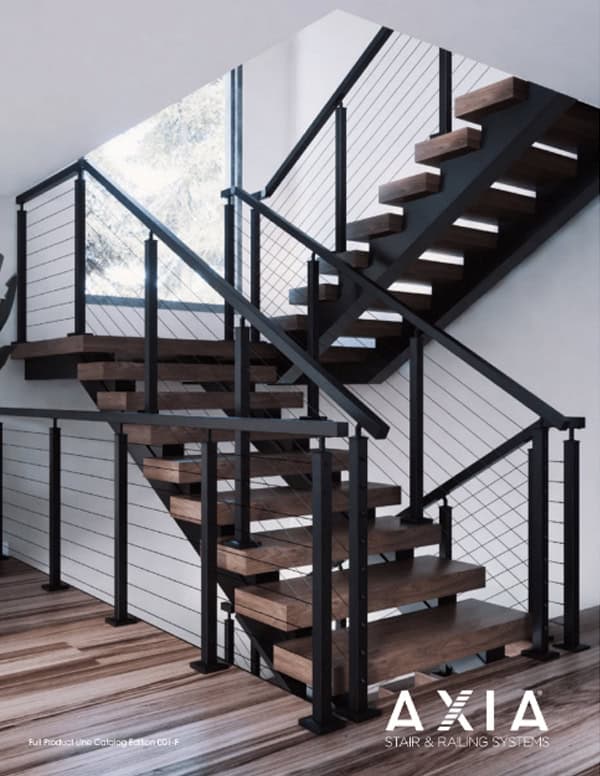 AXIA stair and railing systems catalog cover with black cable railing on a floating staircase
