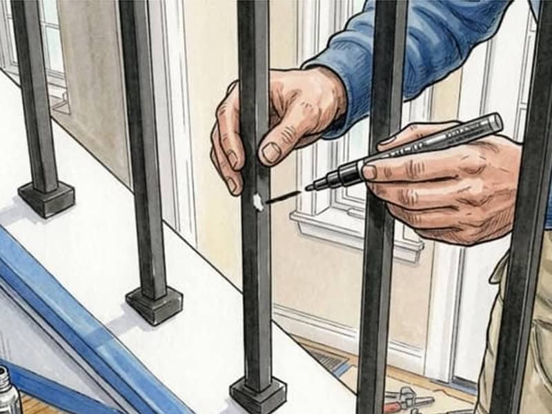 Illustration of a touch-up paint pen fixing a chip on a black iron baluster