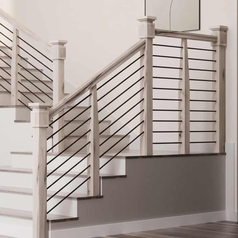 ForestKraft wood newel posts on a modern staircase