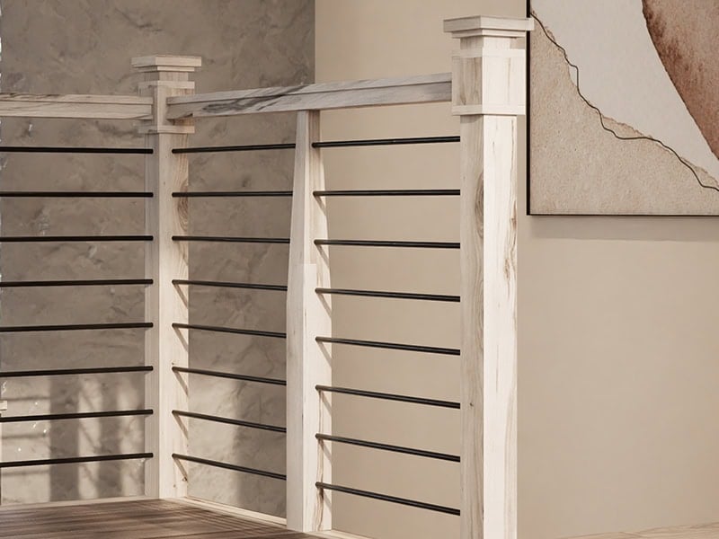 ForestKraft rustic wood box newel posts with black horizontal bar railing on a balcony