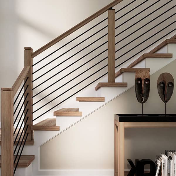 Horizontal Bar black iron railing with wood posts on a modern open staircase