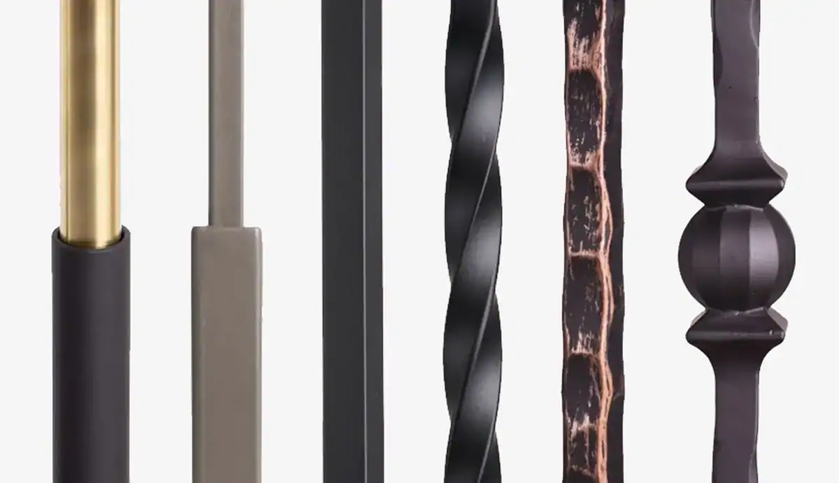 Iron balusters in six styles: brass sleeve, square base, plain square, twist, hammered copper and knuckle