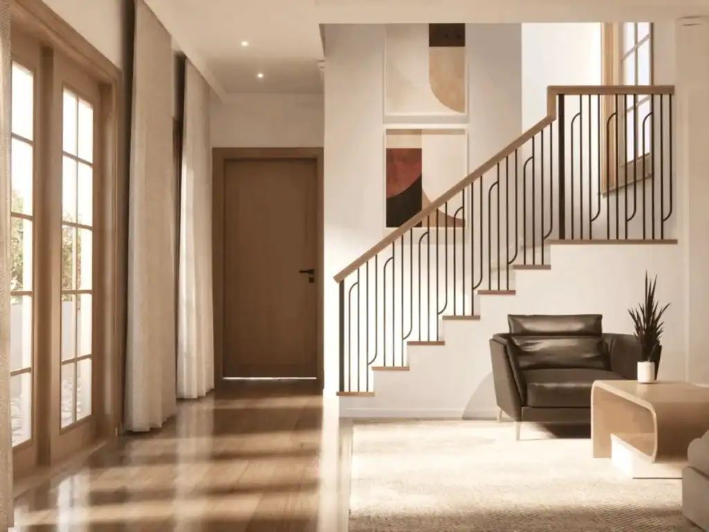 Linéa iron balusters in satin black with a light oak handrail and treads on a modern open staircase