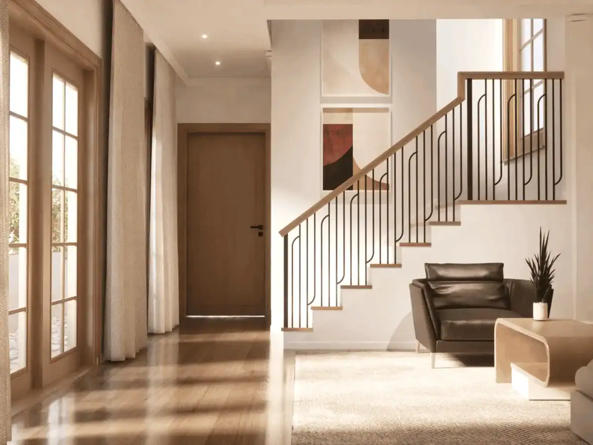 Linéa iron balusters in satin black with a light oak handrail and treads on a modern open staircase