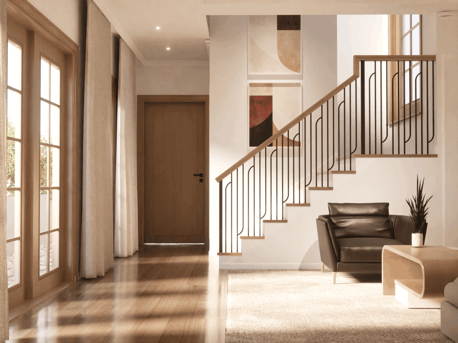 Linéa iron balusters in satin black with a light oak handrail and treads on a modern open staircase