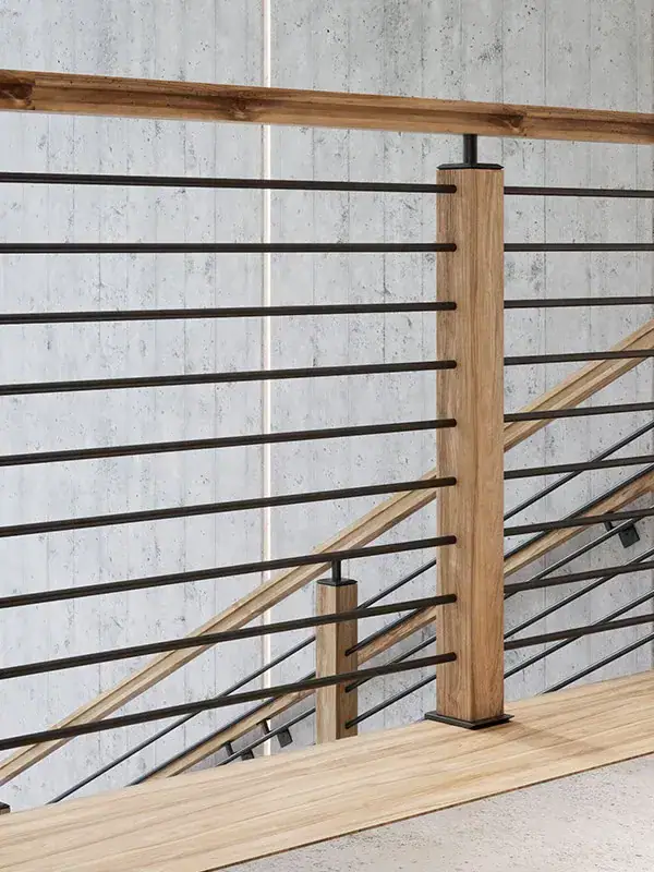 Modern stair railing with black horizontal bars and square wood newel posts