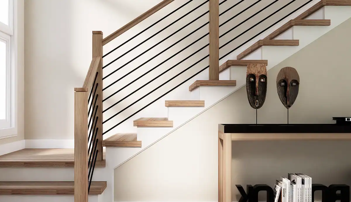 Modern stair railing with horizontal iron bars, wood newel posts and a modern wood handrail