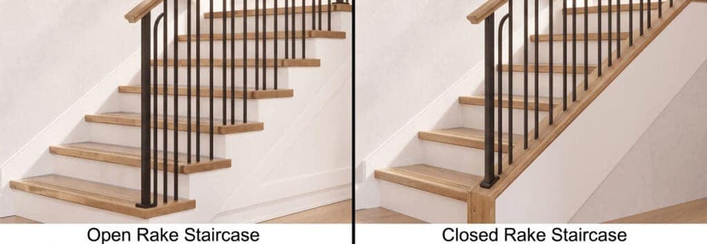 Side-by-side comparison of an open rake staircase, with balusters mounted on the treads, and a closed rake staircase, with balusters mounted on a shoe rail over the knee wall