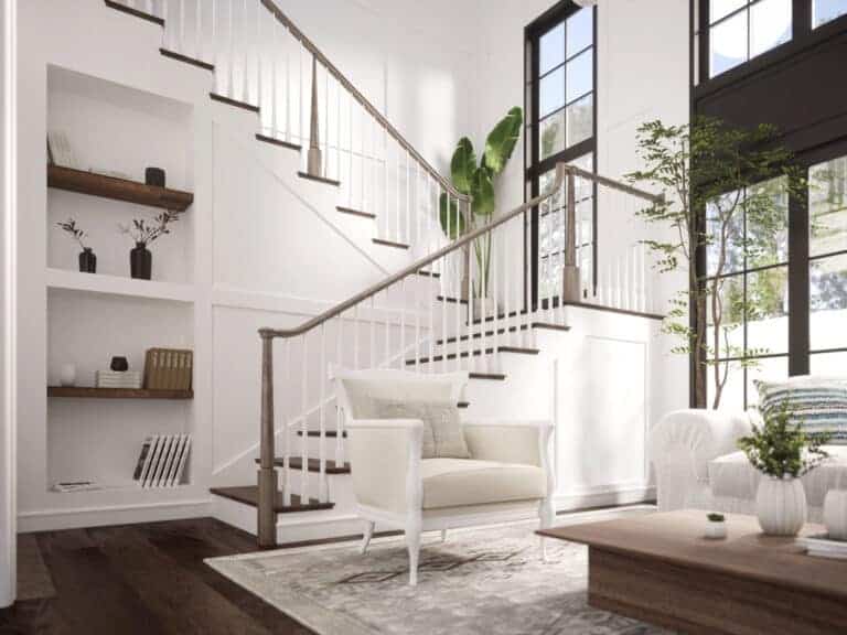 Modern staircase with Röhe pin top newel posts and wood handrail