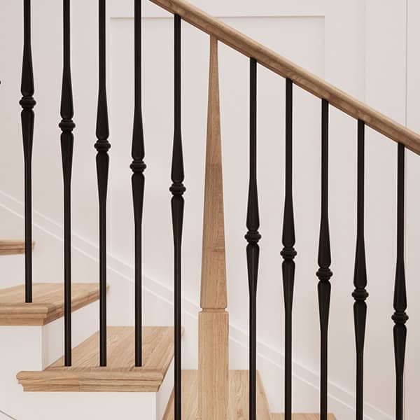 9/16-inch Round Series black iron balusters with tapered spindle shapes