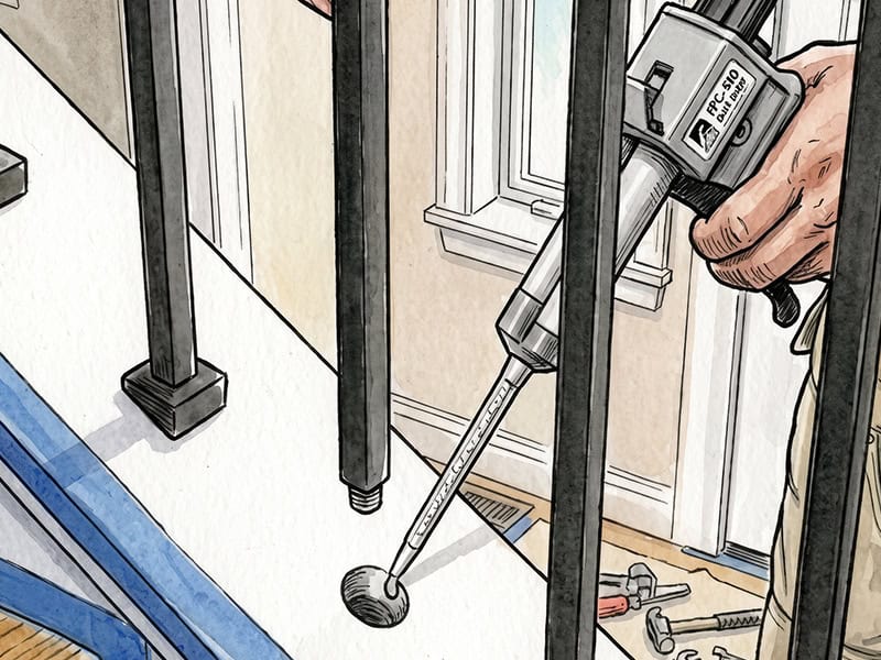 Illustration of a caulk gun dispensing epoxy into a baluster hole on a stair tread