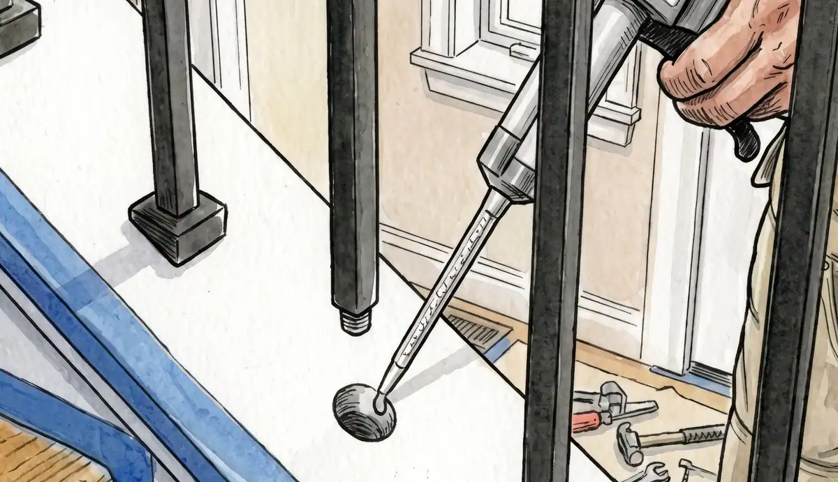 Illustration of epoxy being dispensed into a drilled hole in a stair tread before setting an iron baluster