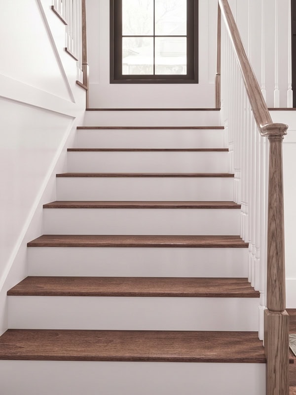 Oak stair treads with white risers on a remodeled staircase